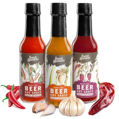 Beer-infused Hot Sauce Variety 3-pack (Includes Asian Sriracha, Garlic Serrano, & Roasty Chipotle) - Craft Beer Gift, Hot Sauce Gift Set, Beer Sauce, BBQ Sauce, Beer Lover, Grill + Man Cave