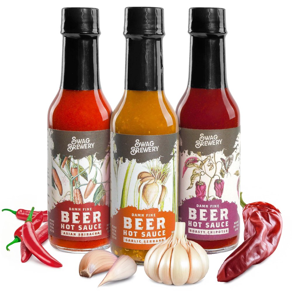 Beer-infused Hot Sauce Variety 3-pack (Includes Asian Sriracha, Garlic Serrano, & Roasty Chipotle) - Craft Beer Gift, Hot Sauce Gift Set, Beer Sauce, BBQ Sauce, Beer Lover, Grill + Man Cave