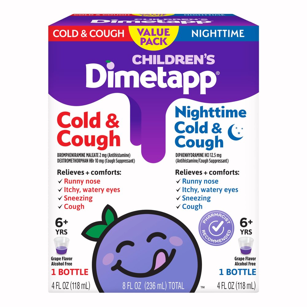 Children's Dimetapp Cold & Cough Value Pack, Antihistamine, Cough Suppressant, Grape Flavor, (2) 4 Oz Bottles  Packaging May Vary.