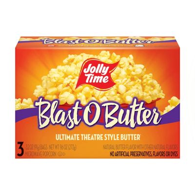 Jolly Time Blast O Butter, Ultimate Movie Theater Butter Microwave Popcorn, 3.2oz Sharing Bag, 3 Bags Per Carton (Blast O Butter, 3.2 Ounce (Carton of 3))