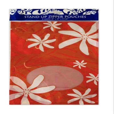 Hawaiian Designed Stand Up Zipper Pouches (Tiare NUI Red, 6 Count 6" x 9" x 3 1/2")