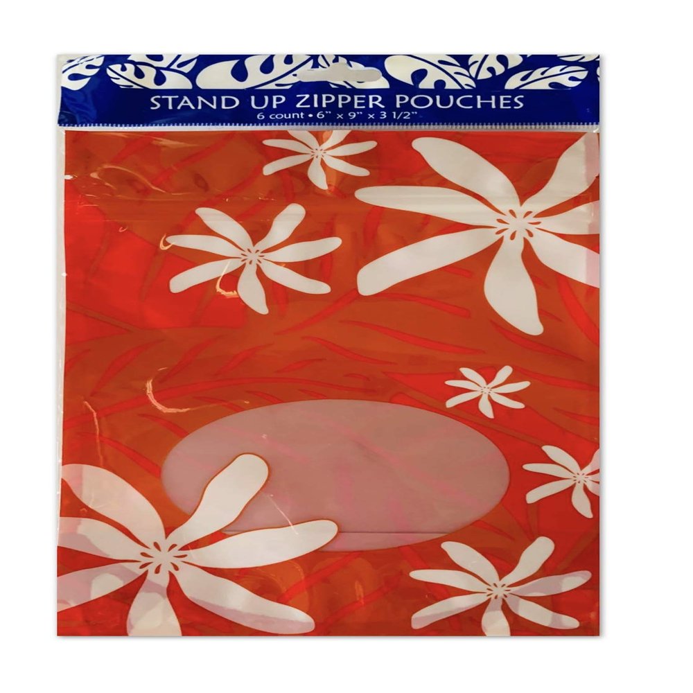 Hawaiian Designed Stand Up Zipper Pouches (Tiare NUI Red, 6 Count 6" x 9" x 3 1/2")