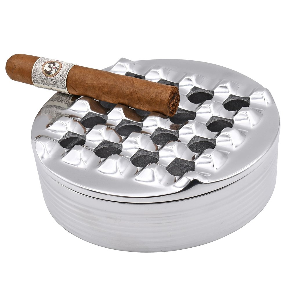 7.5" Round Grid Cigar Ashtray, Stylish, Functional, Silver