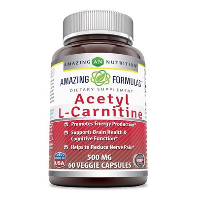 Amazing Formulas Acetyl L-Carnitine Hcl Veggie Dietary Supplement - 500 Mg, Veggie Capsules (Non GMO,Gluten Free) Per Bottle - Promotes Energy Production & Cognitive Function (60 Count)