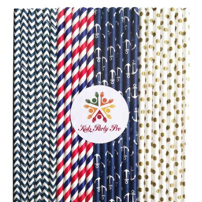 100 pcs Mixed Nautical Party Paper Straws, Navy Red Striped Navy Chevron Gold Swiss Dot Beverage Paper Drinking Straws Bulk, Patriotic 4th of July Wedding Birthday Party Cake Pop Sticks