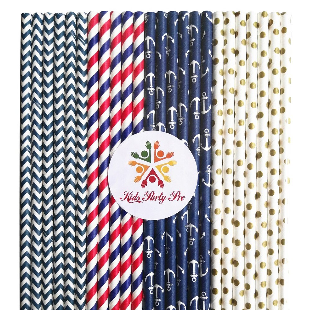 100 pcs Mixed Nautical Party Paper Straws, Navy Red Striped Navy Chevron Gold Swiss Dot Beverage Paper Drinking Straws Bulk, Patriotic 4th of July Wedding Birthday Party Cake Pop Sticks