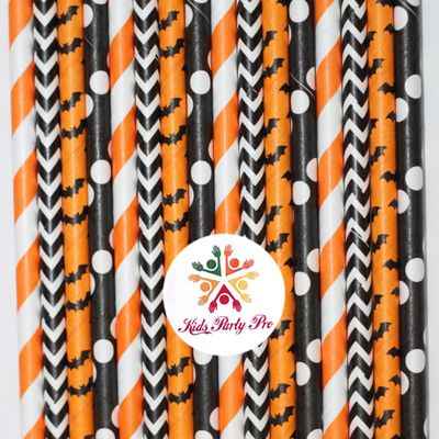 100 pcs Mixed Black Orange Halloween Paper Straws, Striped Polka Dot Chevron Bat Beverage Paper Drinking Straws Bulk, Cheap Cute Kids Party Cake Pop Sticks Mason Jar