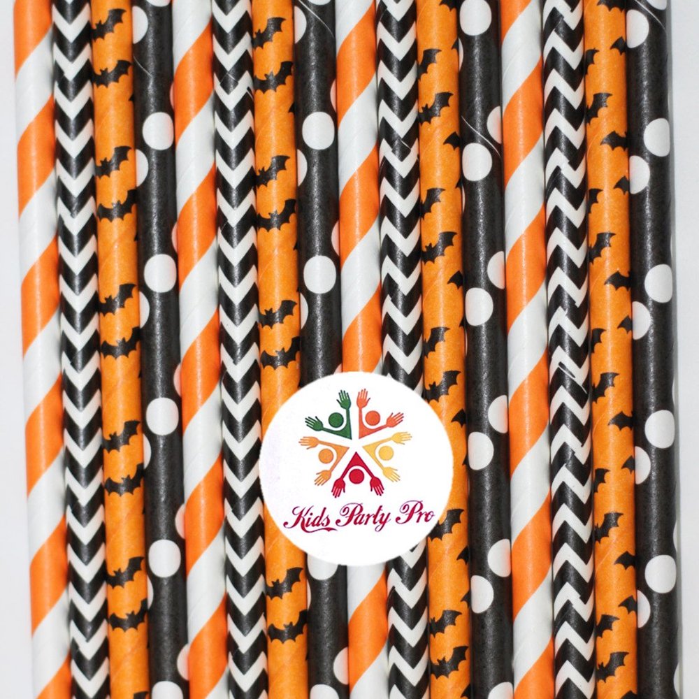 100 pcs Mixed Black Orange Halloween Paper Straws, Striped Polka Dot Chevron Bat Beverage Paper Drinking Straws Bulk, Cheap Cute Kids Party Cake Pop Sticks Mason Jar