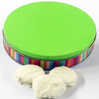 Scott's Cakes White Chocolate Covered Lemon Oreos in a Mini Rainbow Stripes Tin