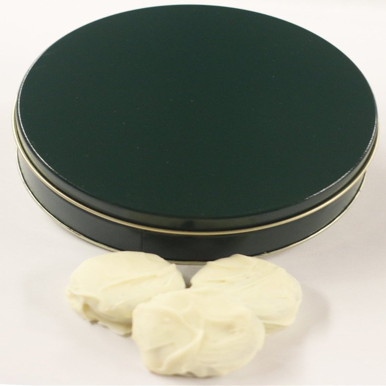 Scott's Cakes White Chocolate Covered Lemon Oreos in a Mini Solid Green Tin