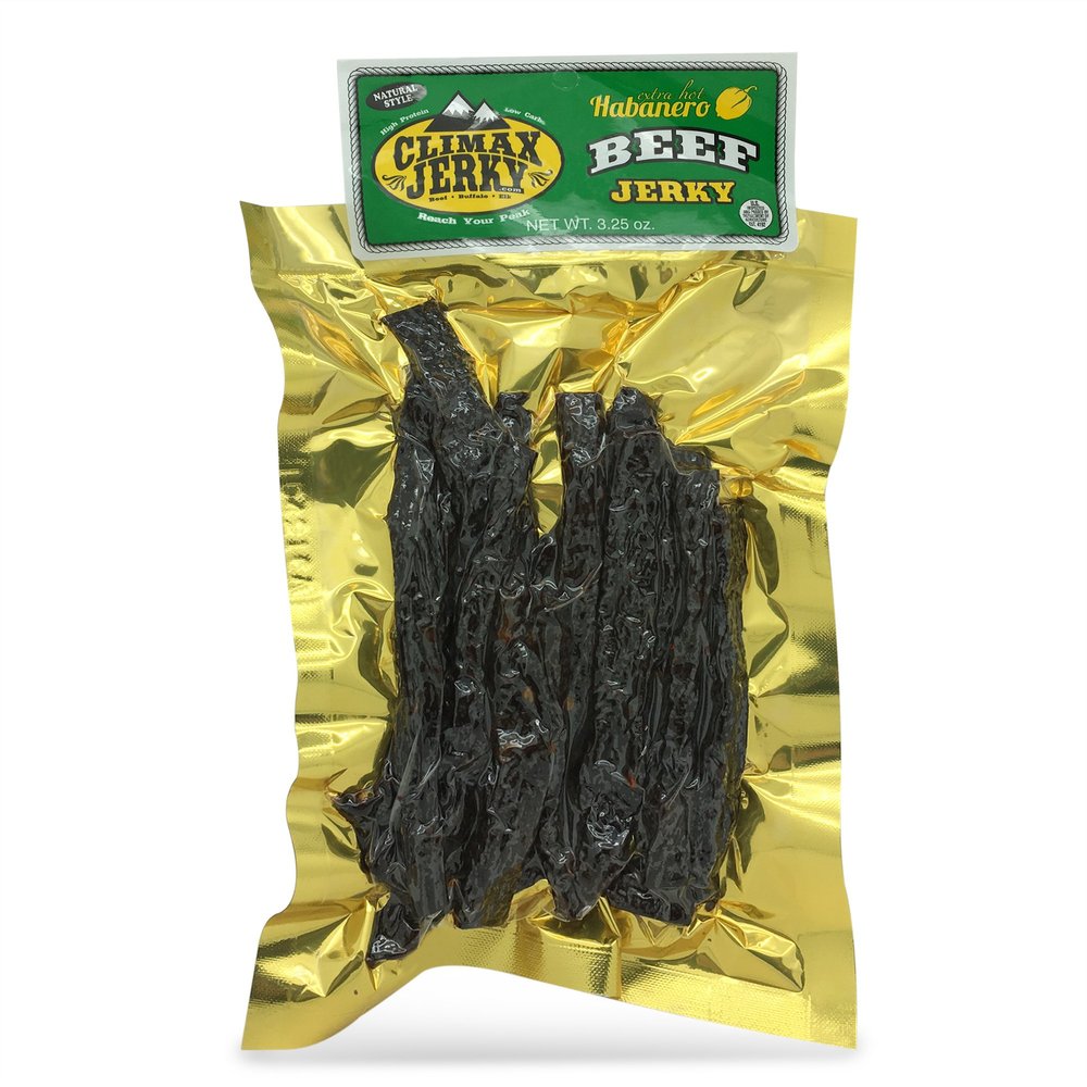 BEST Thin Cut 3.25 OZ. Oven Roasted Juicy and Tender EXTRA HOT Habanero Beef Jerky from Colorado USA - Wood Smoked With Hickory Wood by Climax Jerky - Buy Multiple Packs and Save! (Habanero 1 Pack)