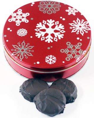 Scott's Cakes Dark Chocolate Covered Cool Mint Oreos in a Large Red with Flakes Tin
