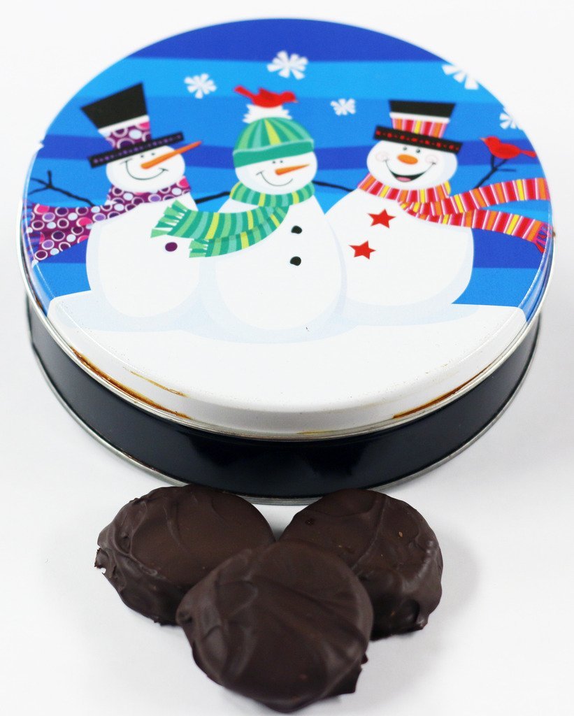 Scott's Cakes Dark Chocolate Covered Cool Mint Oreos in a Large Whimsical Snowman Tin