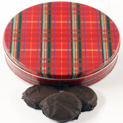 Scott's Cakes Dark Chocolate Covered Cool Mint Oreos in a Large Plaid Tin
