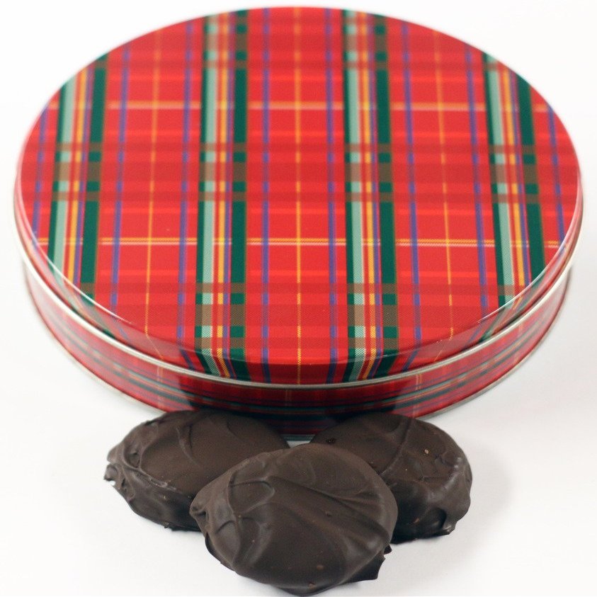 Scott's Cakes Dark Chocolate Covered Cool Mint Oreos in a Large Plaid Tin