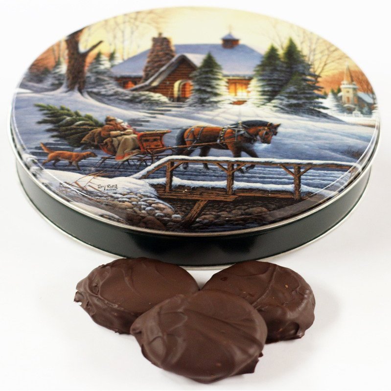 Scott's Cakes Dark Chocolate Covered Cool Mint Oreos in a Large Heading Home Tin