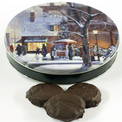 Scott's Cakes Dark Chocolate Covered Cool Mint Oreos in a Large City Sidewalks Tin