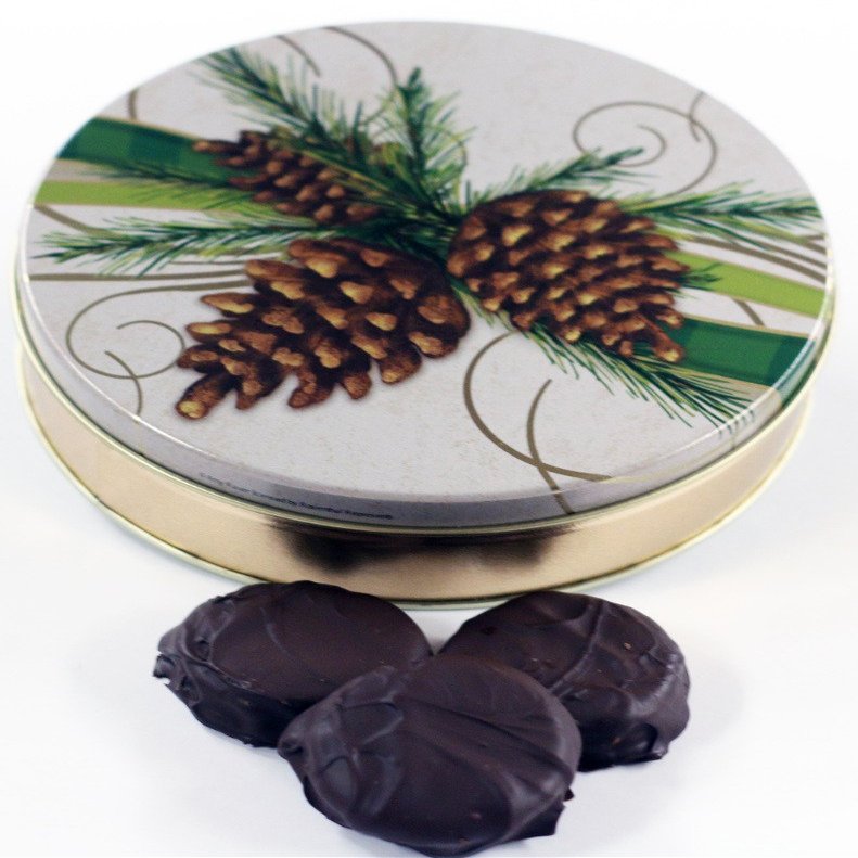 Scott's Cakes Dark Chocolate Covered Cool Mint Oreos in a Large Festive Pinecone Tin
