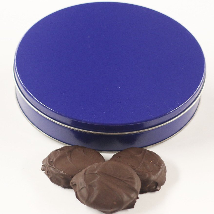 Scott's Cakes Dark Chocolate Covered Cool Mint Oreos in a Large Solid Blue Tin
