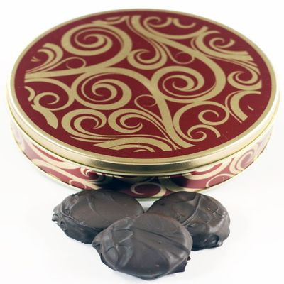 Scott's Cakes Dark Chocolate Covered Cool Mint Oreos in a Large Golden Swirl Tin