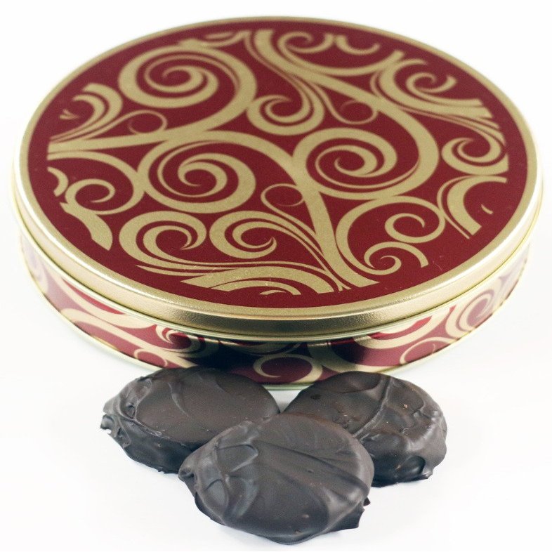 Scott's Cakes Dark Chocolate Covered Cool Mint Oreos in a Large Golden Swirl Tin
