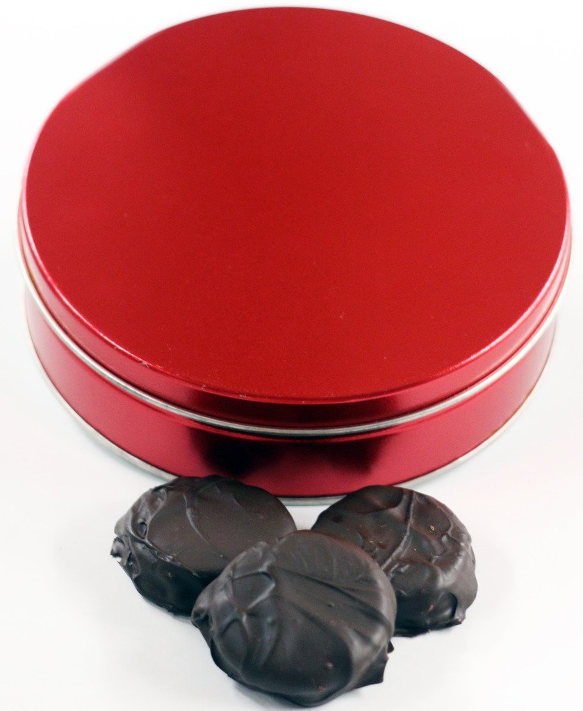 Scott's Cakes Dark Chocolate Covered Cool Mint Oreos in a Large Metallic Red Tin