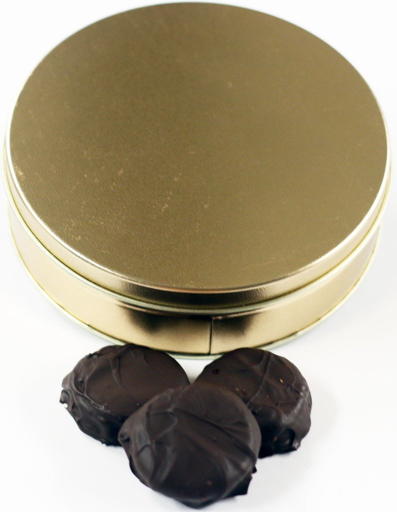 Scott's Cakes Dark Chocolate Covered Cool Mint Oreos in a Large Solid Gold Tin