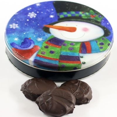 Scott's Cakes Dark Chocolate Covered Cool Mint Oreos in a Large Top Hat Snowman Tin