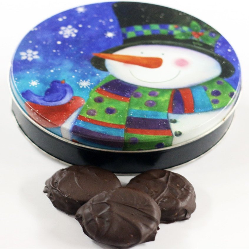 Scott's Cakes Dark Chocolate Covered Cool Mint Oreos in a Large Top Hat Snowman Tin