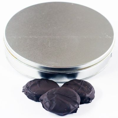Scott's Cakes Dark Chocolate Covered Cool Mint Oreos in a Large Solid Platinum Tin