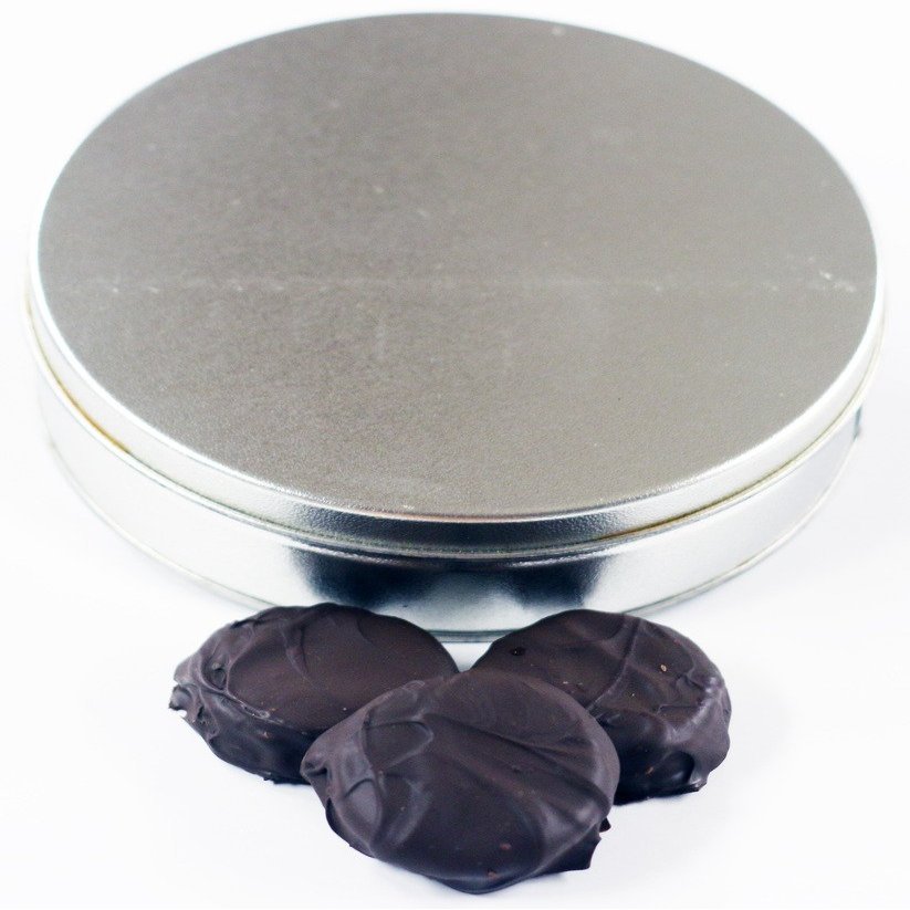 Scott's Cakes Dark Chocolate Covered Cool Mint Oreos in a Large Solid Platinum Tin