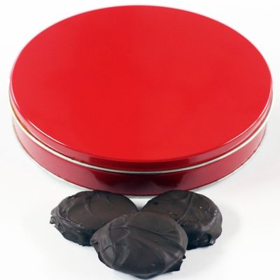 Scott's Cakes Dark Chocolate Covered Cool Mint Oreos in a Large Solid Red Tin