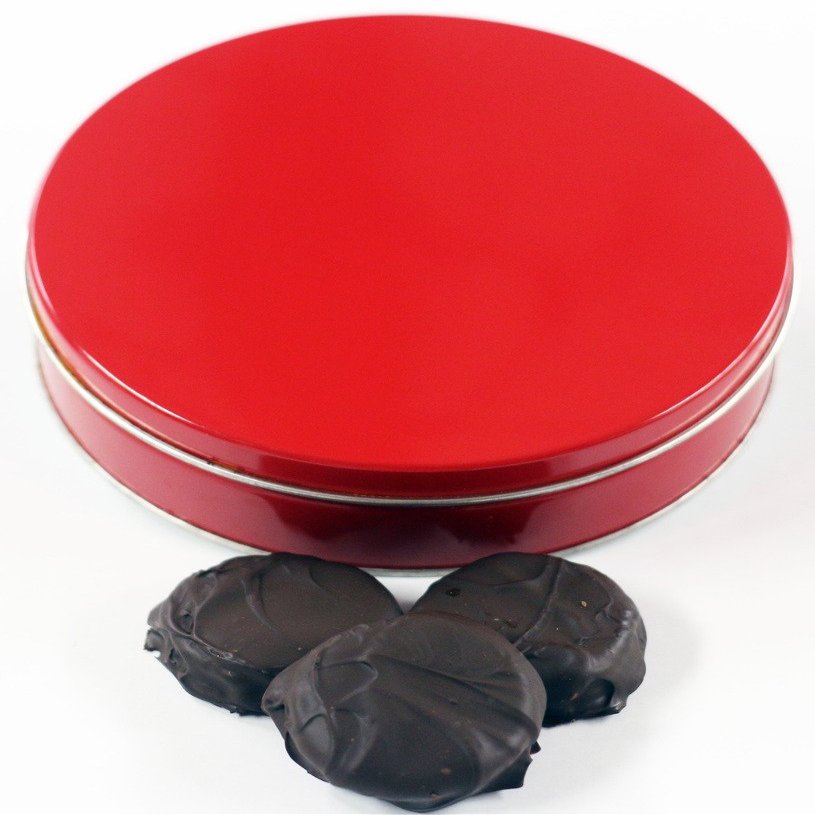 Scott's Cakes Dark Chocolate Covered Cool Mint Oreos in a Large Solid Red Tin