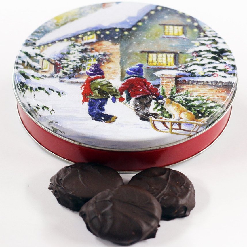 Scott's Cakes Dark Chocolate Covered Cool Mint Oreos in a Large Snow Day Snowman Tin