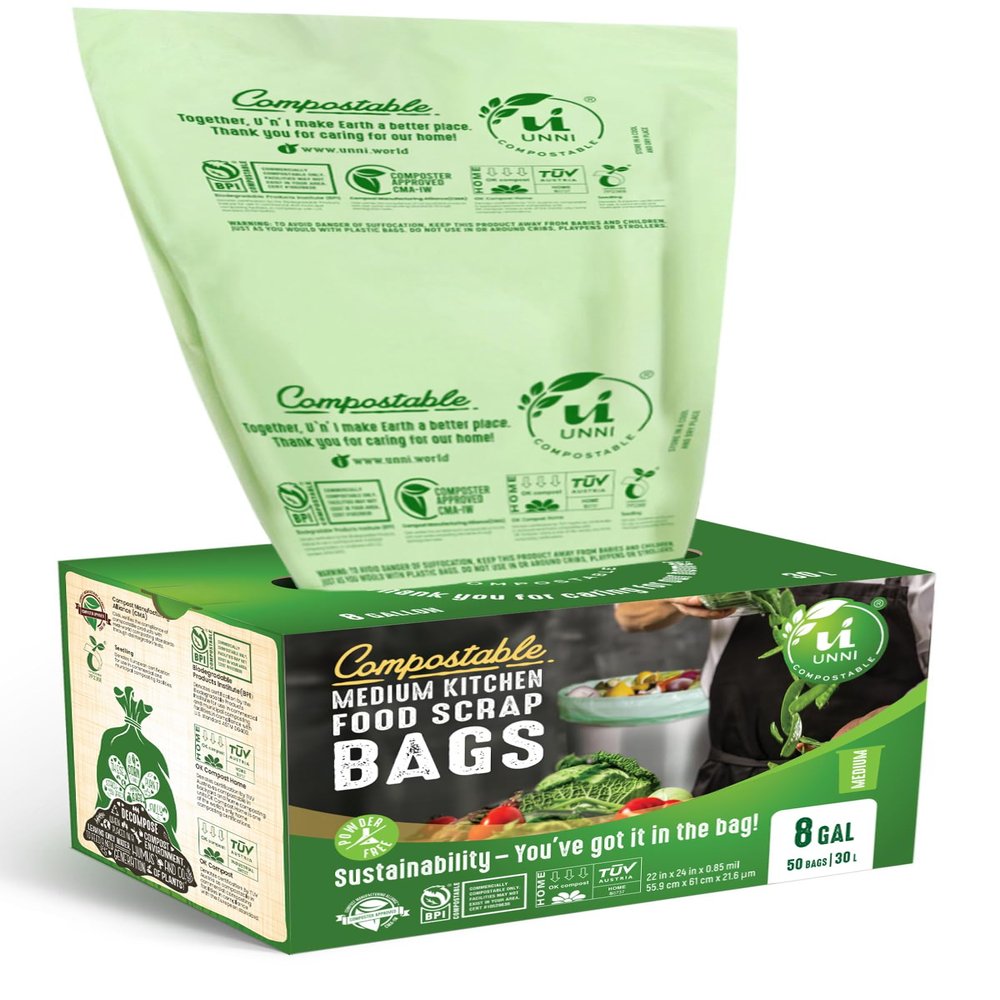 UNNI Compostable Trash Bags, 8 Gallon / 30 Liter, 50 Count, Extra Thick 0.85 mil Medium Kitchen Food Scrap Bin Liners, Certified by BPI, CMA & OK compost HOME, Meets the ASTM D6400 Standard