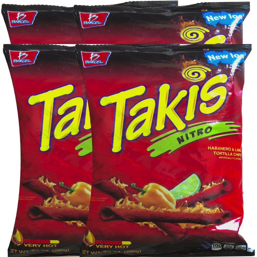 Barcel Takis Nitro Habanero & Lime Tortilla Chips Snack Care Package for College, Military, Sports 9.9 oz bag (4)
