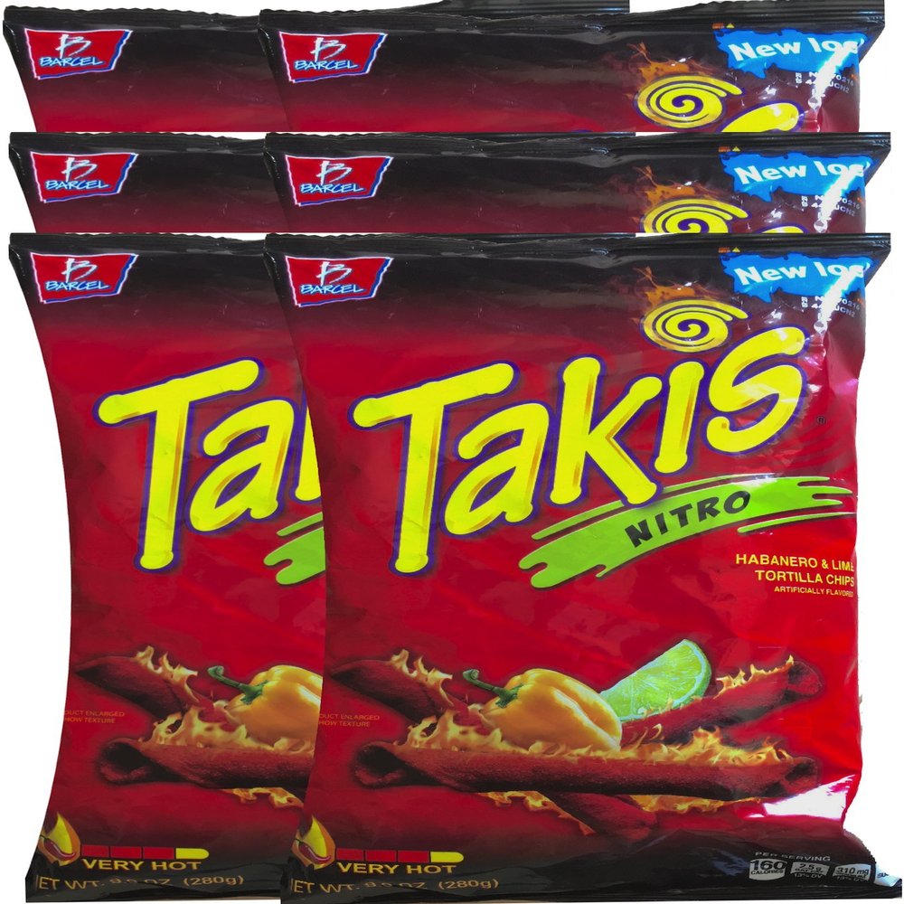 Barcel Takis Nitro Habanero & Lime Tortilla Chips Snack Care Package for College, Military, Sports 9.9 oz bag (6)