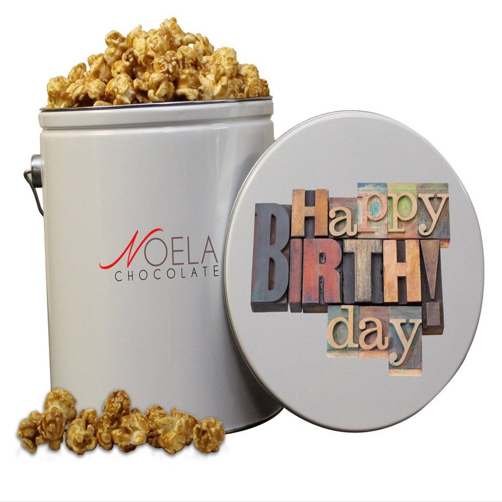 Noela Chocolate Gourmet Popcorn 1 Gallon tin Caramel Happy Birthday Block