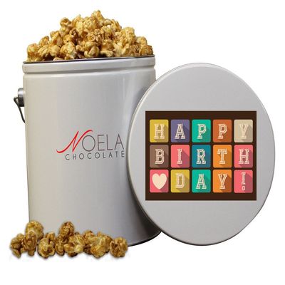 Noela Chocolate Gourmet Popcorn 1 Gallon tin Caramel Happy Birthday Present