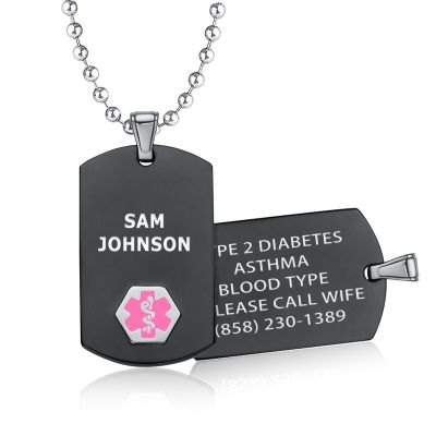 Divoti Custom Medical Alert ID Necklace for Women, Stylish Durable Rustproof Construction | Laser Engraved Chic Black & Silver Tag Pendant Jewelry  24' Ball Chain/Pink