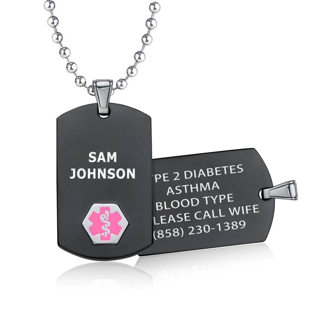 Divoti Custom Medical Alert ID Necklace for Women, Stylish Durable Rustproof Construction | Laser Engraved Chic Black & Silver Tag Pendant Jewelry 24' Ball Chain/Pink