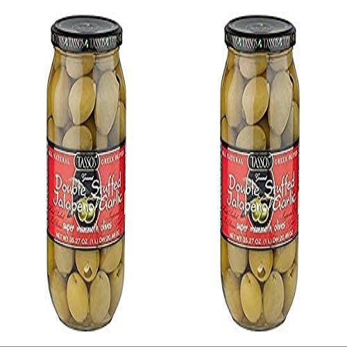 2 Pack Of Tassos All Natural Double Stuffed Jalapeno And Garlic Super Mammoth Olives (2X35.27 oz.)