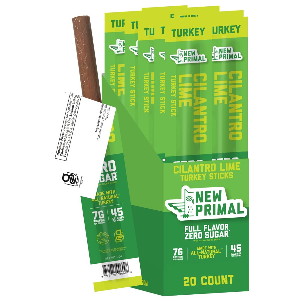 New Primal Cilantro Lime Turkey Sticks, Keto, Gluten Free Healthy Snacks for Adults, Sugar Free Low Carb High Protein, Paleo Whole30 Jerky Meat Stick, 7g Protein, 45 Calories, 1oz (Pack of 20)