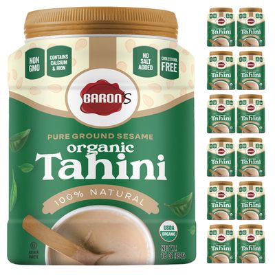 Baron's USDA Organic Tahini Pure Sesame Paste | 12 x 16 oz Jars | Rich Creamy Spread for Hummus, Dips, Sauces | Kosher, Vegan, Keto friendly, Non-GMO, Gluten-Free, No Peanuts | Ground Seeds Tahina