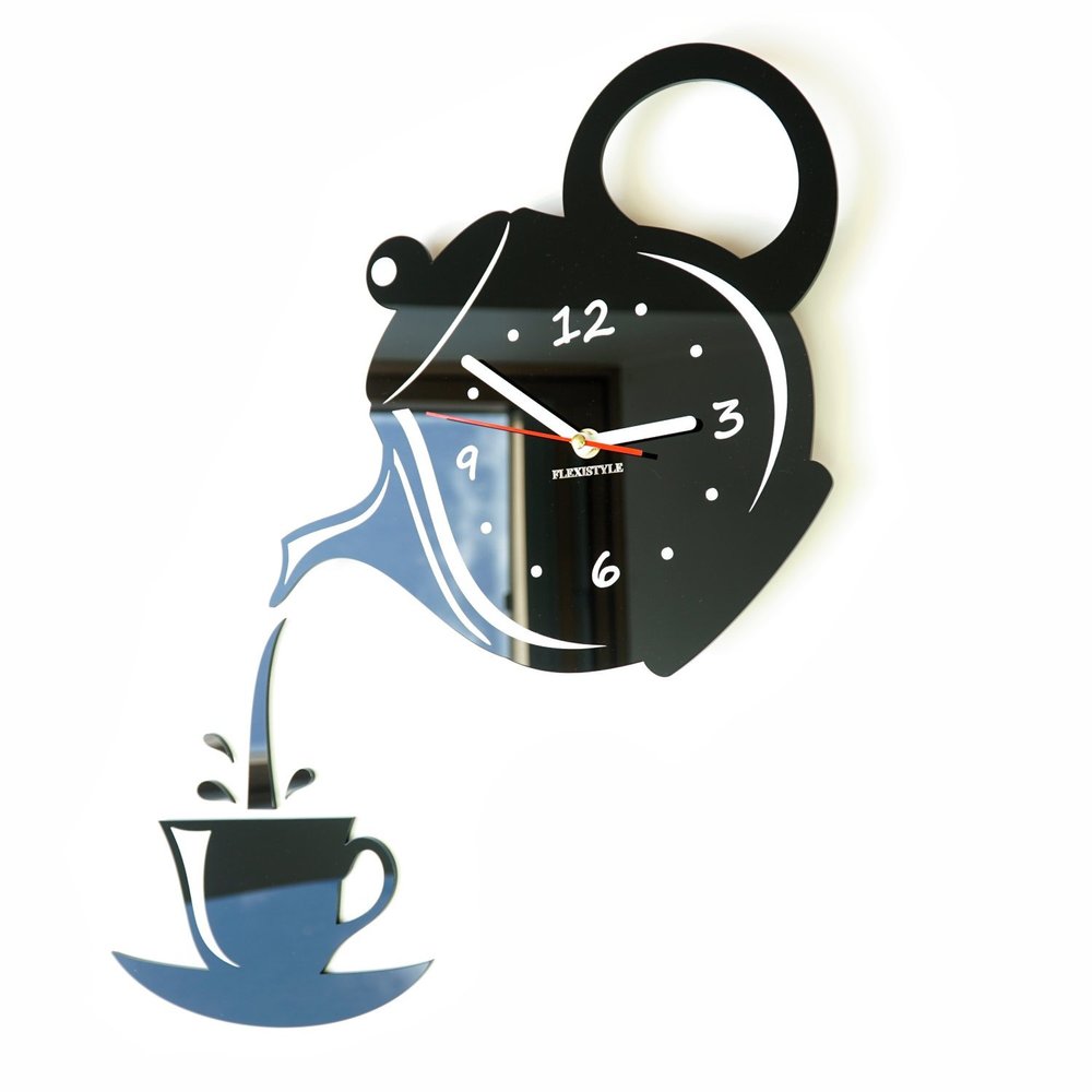FLEXISTYLE Modern Kitchen Wall Clock Cup and Jug Black 45 cm x 45 cm 3D Silent Design Made in EU