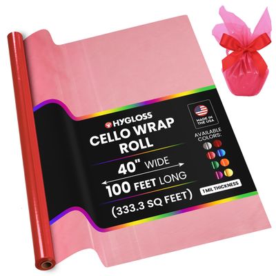 Hygloss Products Roll Cellophane Wrap for Crafts, Gifts, and Baskets 40 Inch x 100 Feet, Pink