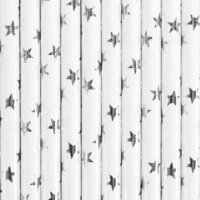 10 Hard White Straws with Silver Stars Table Decoration, Party, Party