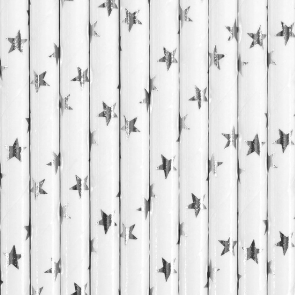 10 Hard White Straws with Silver Stars Table Decoration, Party, Party
