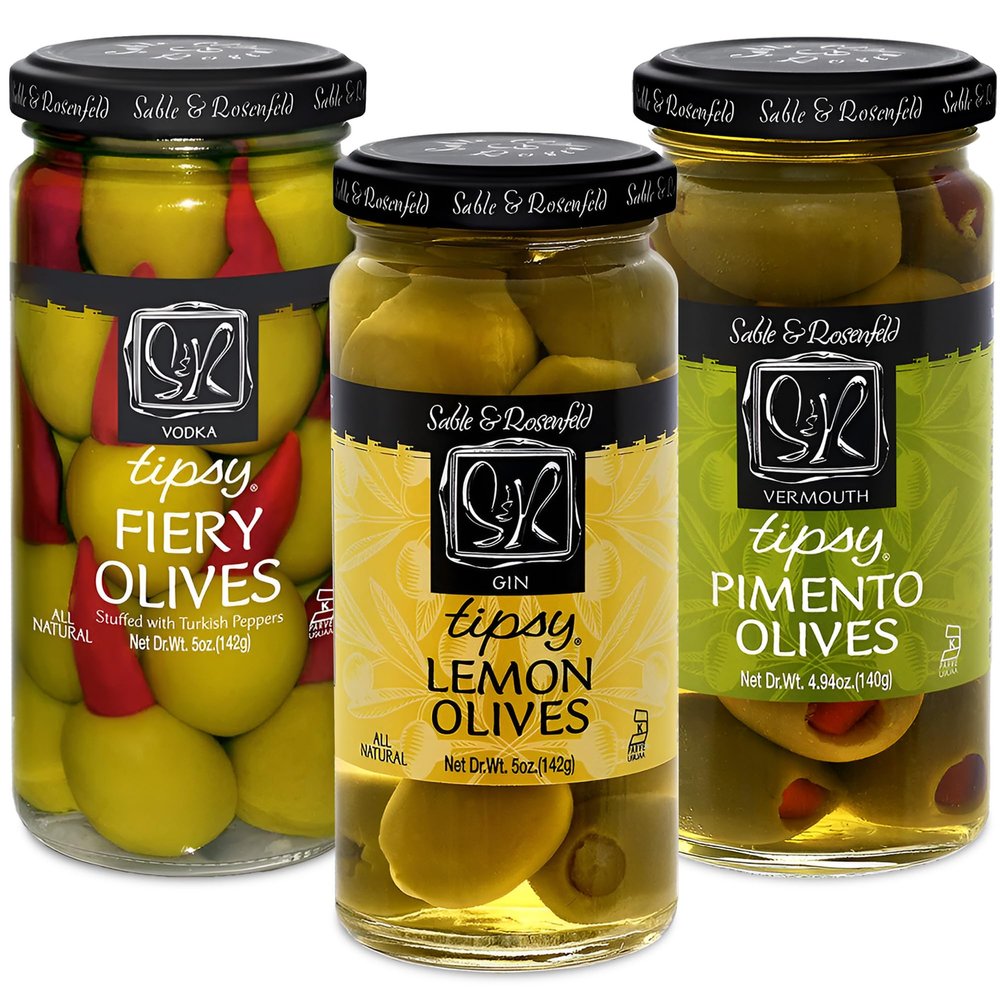 Tipsy Green Olives Stuffed with Turkish Peppers, Lemon, & Pimento - Trio of Colossal Cocktail Olives with Liquor for Bloody Mary Condiments, Martini Stuffed - Sable & Rosenfeld - 5 oz (Pack of 3)