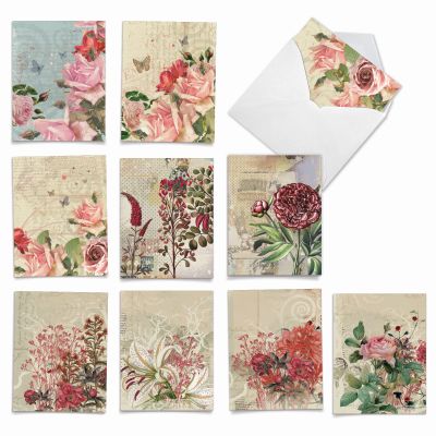 The Best Card Company - 10 Boxed Note Cards with Flowers - Blank Assorted Floral Notecards Bulk (4 x 5.12 Inch) - Botanical Collages M2988OCB